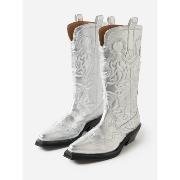 Ganni Shoes - GANNI Made In Portugal Mid Shaft Embroidered Western Boots in Silver